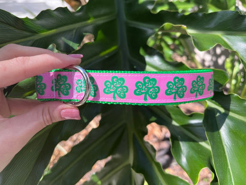 Shamrocks on Pink Nylon Dog Collar